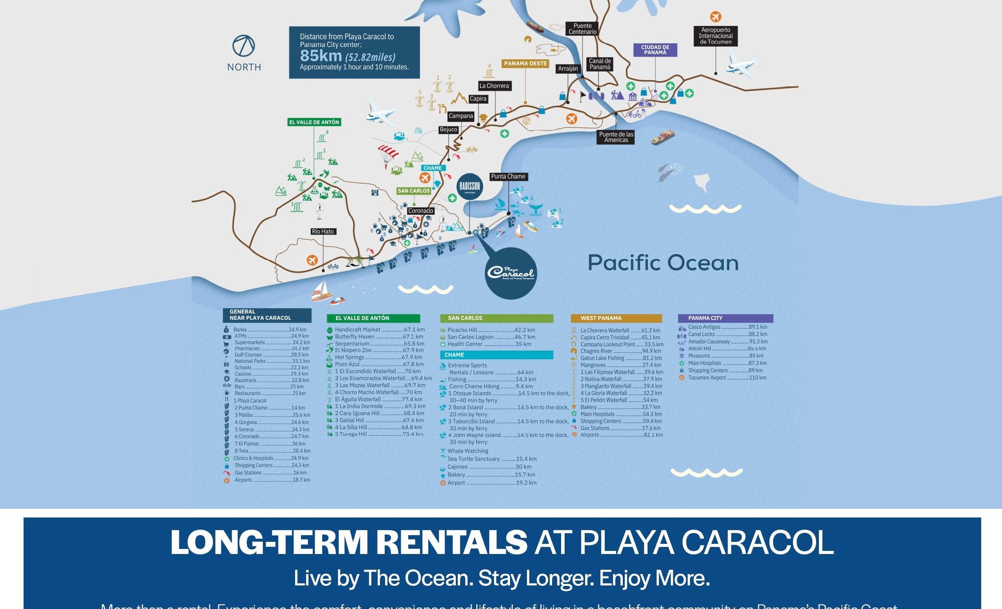 Map showing Playa Caracol's location on Panama's Pacific coast, with distances to nearby towns and Panama City